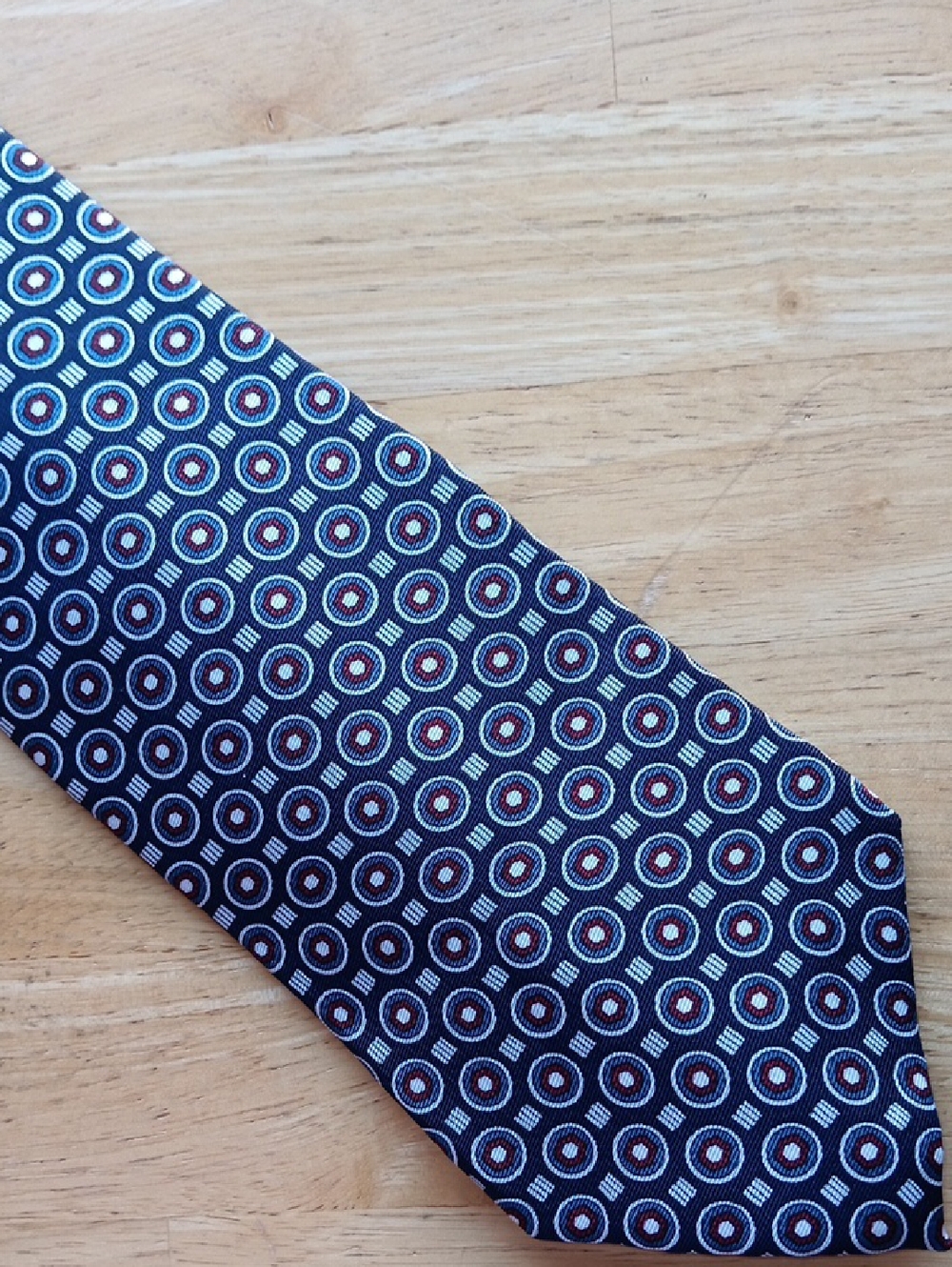 Dior Navy Silk Tie with Red, Blue, and White Medallions